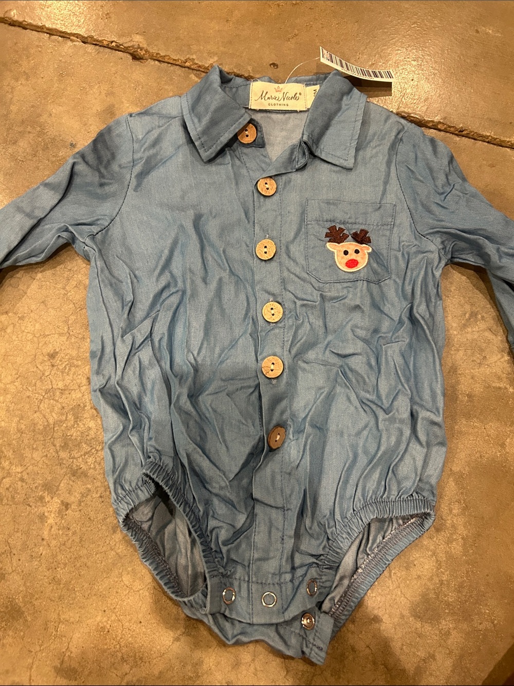 Marcus & Marcus Light Blue Chambray Baby Onesie with Reindeer Patch